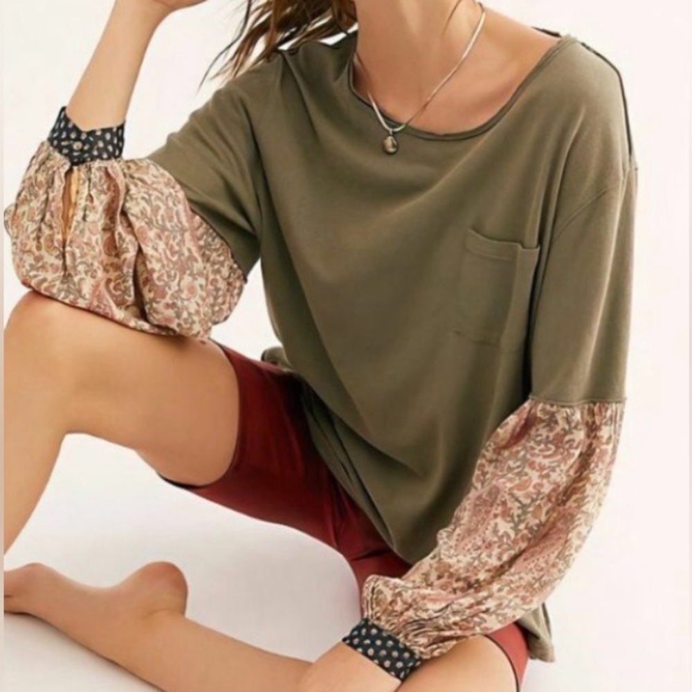 Free people olive long sleeve with paisley sleeves